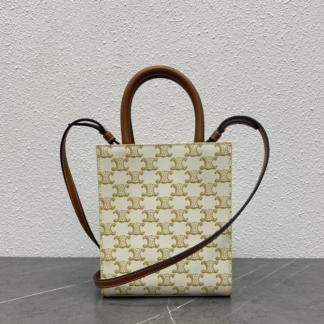 Celine Mini Vertical Cabas In Triomphe Canvas And Calfskin With Celine Print White 193302